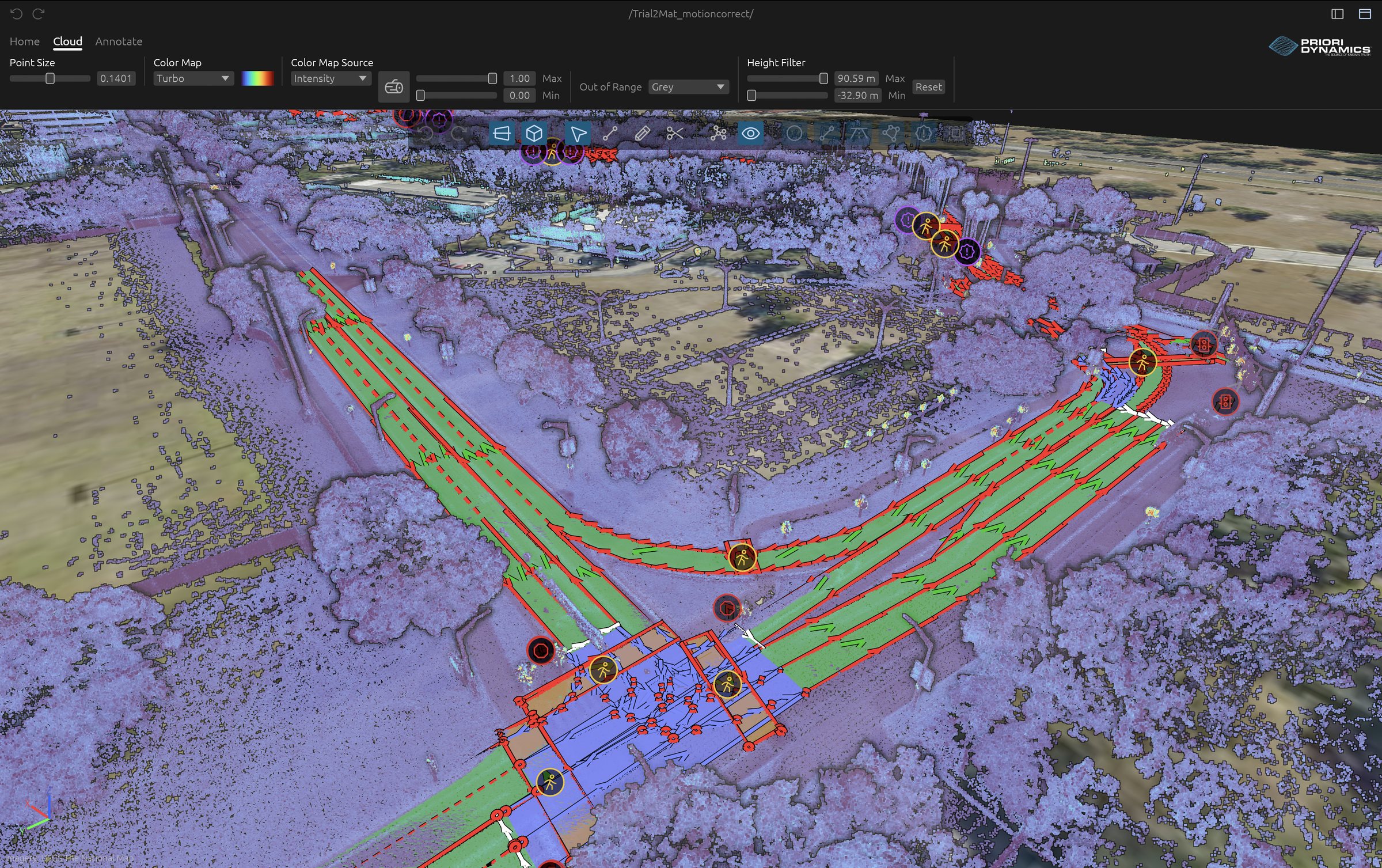 An intersection mapped in Lanelet2 over a LiDAR point cloud